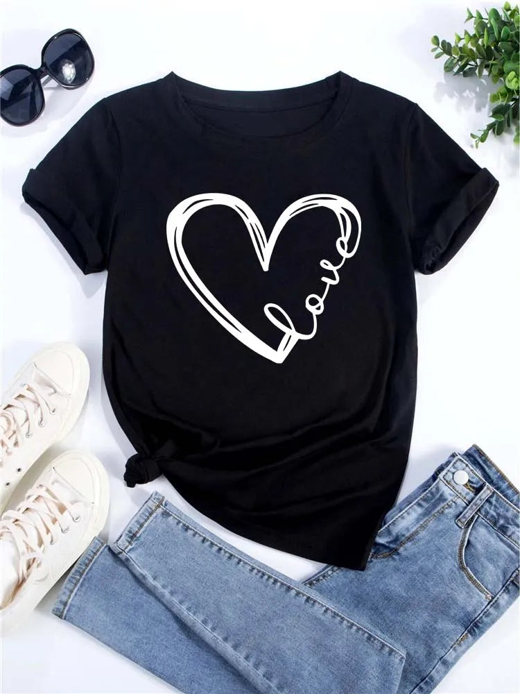 Love Heart Printed Trend Women Fashion Clothing Graphic T-shirts Clothes Print Female Shirt Short Sleeve Lady Casual Tee