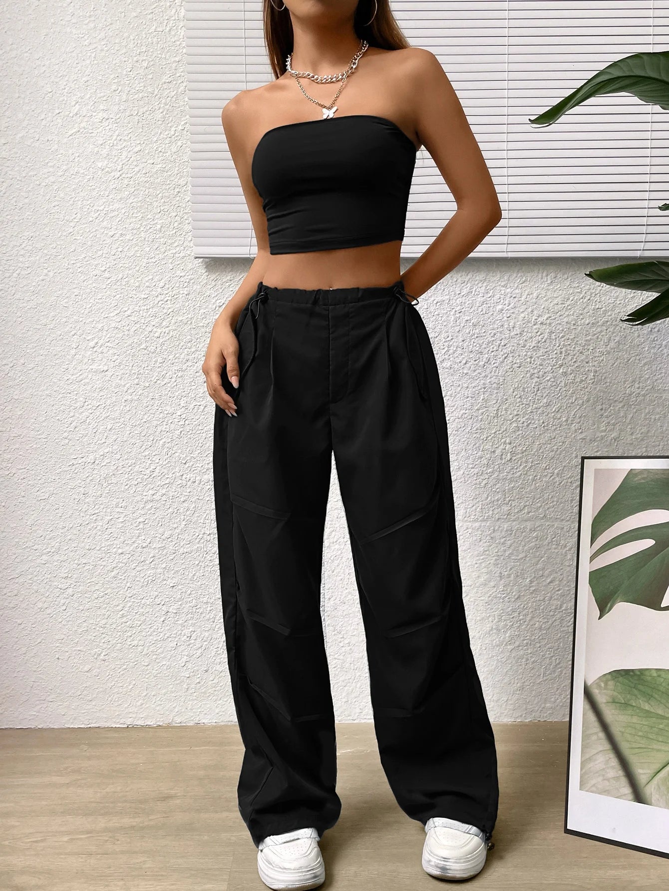 Ladies Sexy Corset And Strapless Top Set with High-Waisted Slimming Wide-Leg Casual Pants Two-Piece Ensemble